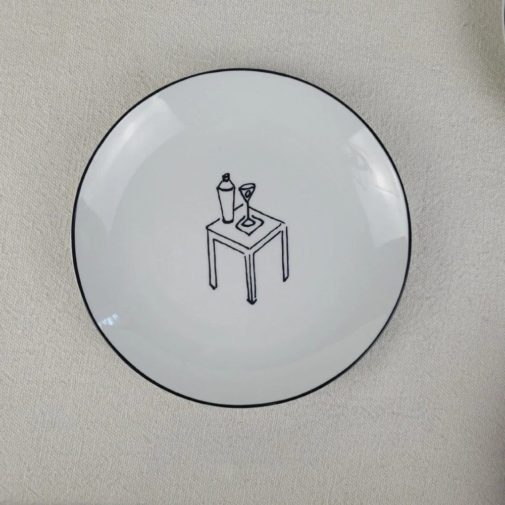 Crate & Barrel Ceramic Party Plates Appetizer Whimsical Lounge Scenes Set of‎ 6